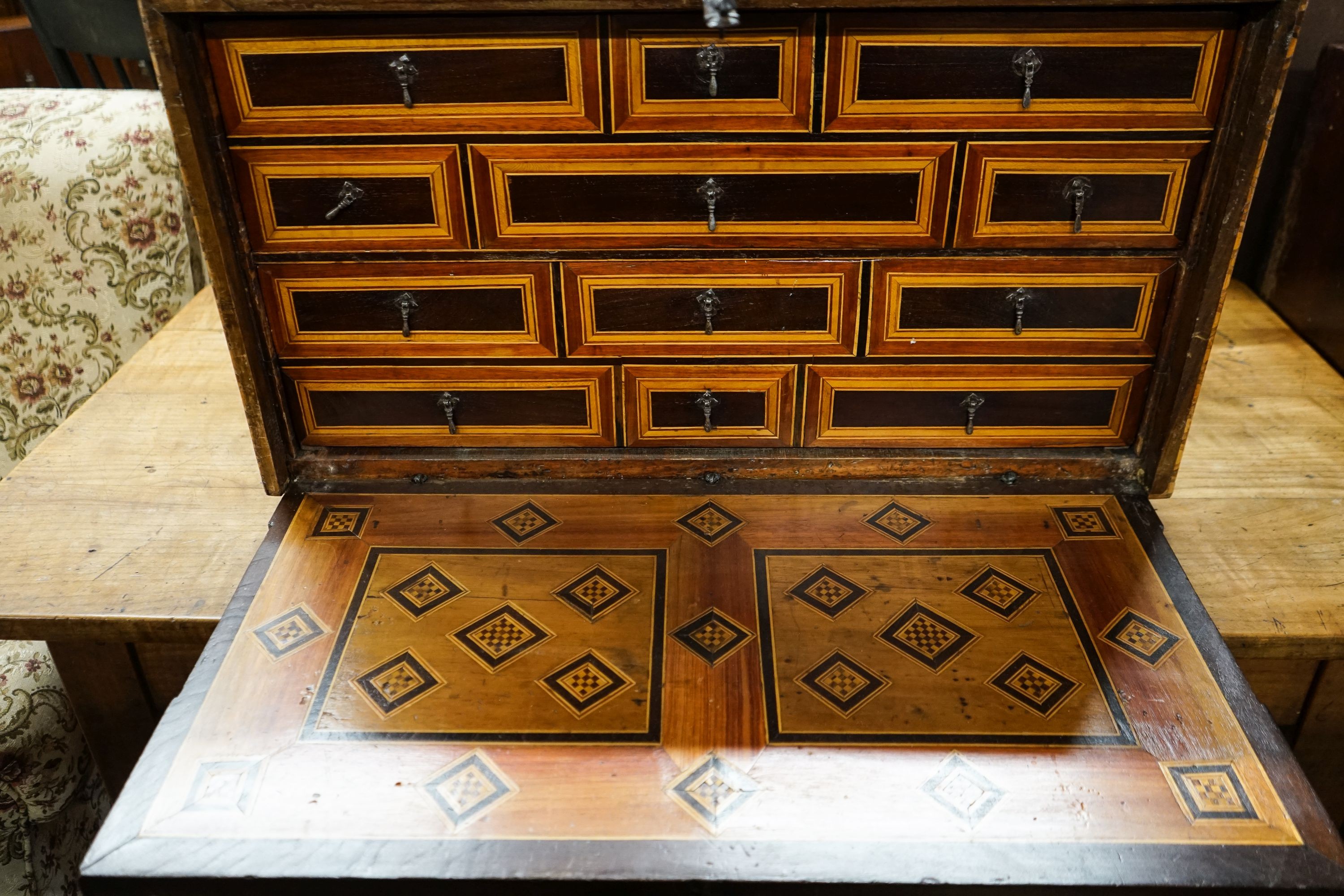 A 19th century Damascan parquetry inlaid fall front chest with two drawer interior, width 75cm, depth 40cm, height 43cm